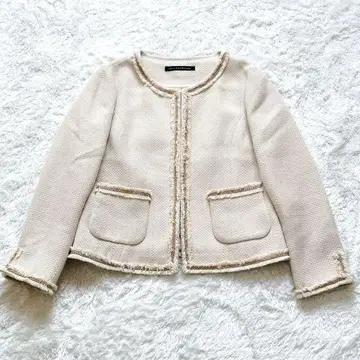 그린 라벨 릴랙싱 노카라 자켓 베이지 프린지 마감