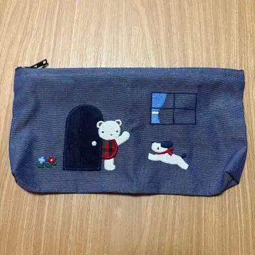 곰과 강아지 자수 파우치 네이비