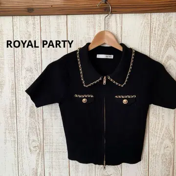 ROYAL PARTY 블랙 골드 체인 하프 지퍼 니트 반팔 블랙