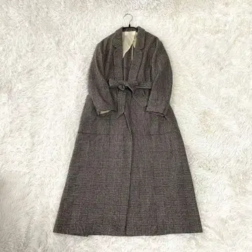 새상품급 plage 플라주 롱 코트 그레인 체크 캐시미어 혼방 벨트