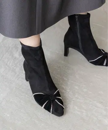 RANDA 비쥬 벨로아 리본 부츠 블랙 S