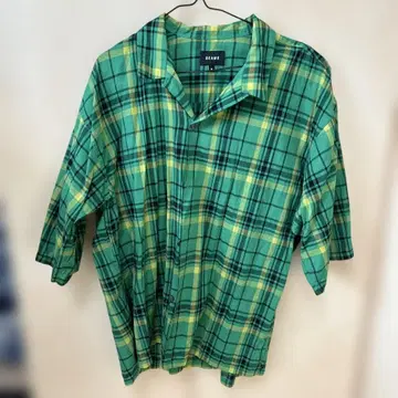 BEAMS 반팔 셔츠 M 그린 옐로우 컬러 체크