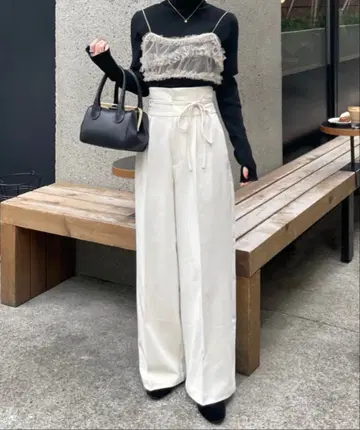 hinari 하이웨스트 리본 팬츠 아이보리