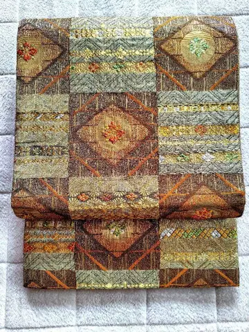 순수 실크 후쿠로 오비 436cm 패치워크풍 기하학 패턴