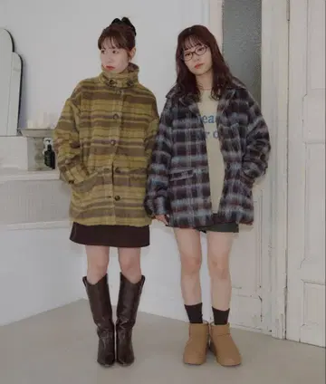 움 체크 샤기 코트