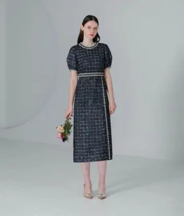 LEJA 트위드 패턴 하이웨스트 소프트 퍼프 슬리브 드레스