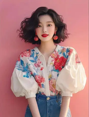 플라워 프린트 벌룬 슬리브 퍼프 슬리브 셔츠