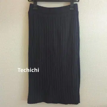 Techichi 니트 리브 타이트 스커트 미디 안감 전체 밴딩 네이비