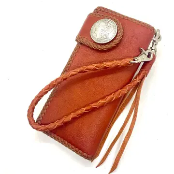 연말 SALE 가죽 라이더스 지갑 레드 브라운 로프 부착 W 스티치