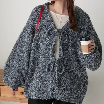 2way 더블 리본 트위디 복슬복슬 볼륨 슬리브 니트 가디건