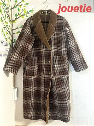 jouetie 쥬에티 체크 무늬 더블 브레스트 롱 코트
