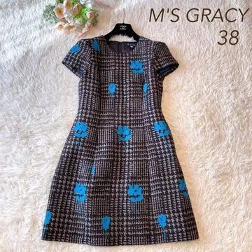 새상품급 M'S GRACY 하운드투스 플라워 모티브 원피스 브라운 38
