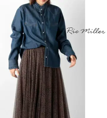 Rie Miller 라이트 온스 데님 스탠드 프릴 웨스턴 블라우스