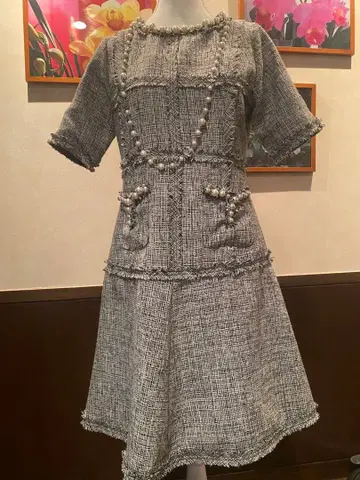 새상품급 Otto 펄 장식 트위드 플레어 원피스 A라인 반팔 귀여운