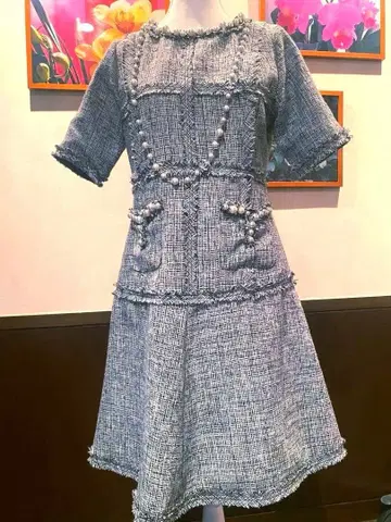 새상품급 Otto 펄 장식 트위드 플레어 원피스 A라인 반팔 귀여운
