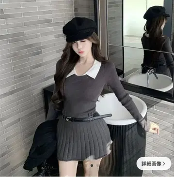 그레이 니트 스웨터 플리츠 스커트 세트