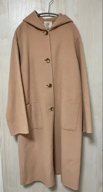 Spick and Span 핑크 후드 부착 롱 코트 울 100%