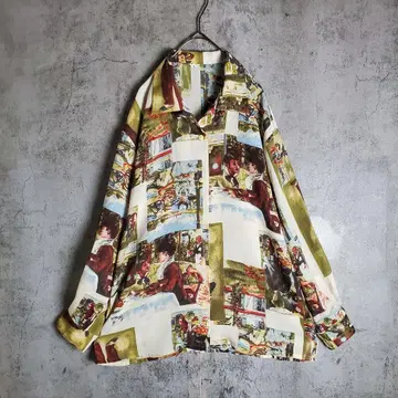 [ 빈티지 ] 구제 의류 오픈 카라 시어 올 패턴 아트 레트로