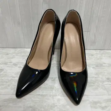 새상품급 여성용 블랙 스틸레토 하이힐 에나멜 24.5cm
