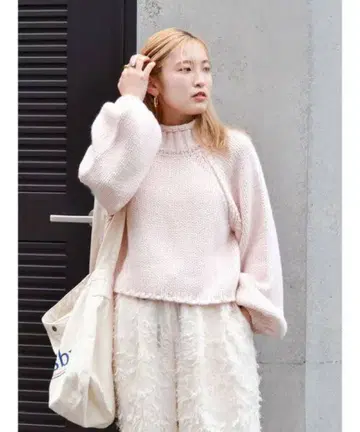 Ungrid 핑크 로우게이지 하이넥 숏 니트