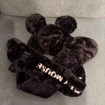 디즈니 팬캡 미키 귀달린 머플러 장갑 포함 블랙
