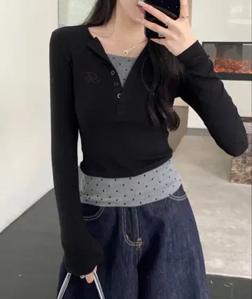 memecle 레이어드 스타일 도트 슬림 티셔츠