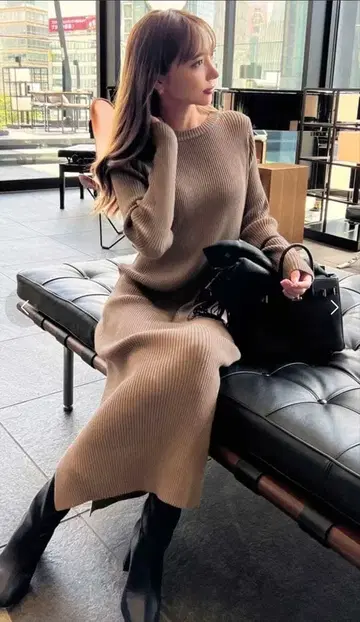 고베 레터스 오카베 아유미님 콜라보 리브 니트 롱 슬리브 원피스 모카