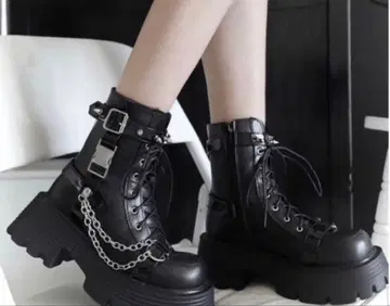 블랙 통굽 레이스업 부츠 통굽 부츠 여성용 부츠 체인 y2k