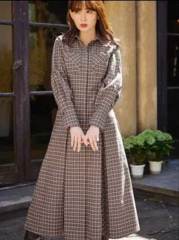 Checkered Pleats Long Shirt Dress