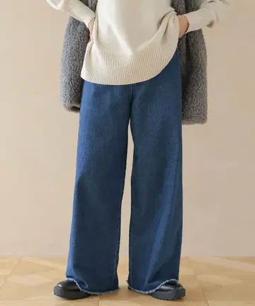 [ 바야코 씨 콜라보 ] 부드러운 데님 슬림 스트레이트 팬츠 프린지 블루