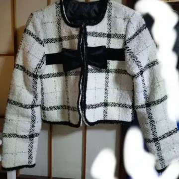 트위드 체크 무늬 리본 자켓 x 미니 스커트 셋업