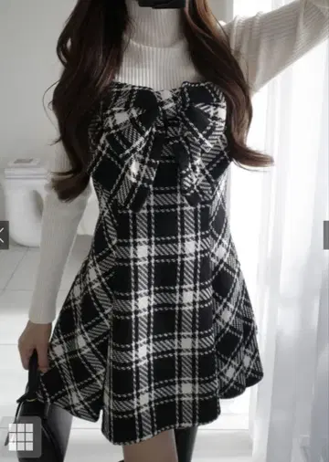 체크 무늬 트위드 빅 리본 미니 원피스[tw1243] M 사이즈 블랙