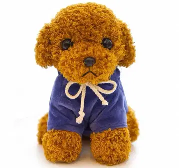 브라운 봉제 인형 강아지 파란 의류