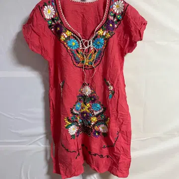 비비드 핑크 [ XL ] 꽃무늬 자수 에스닉 반팔 튜닉