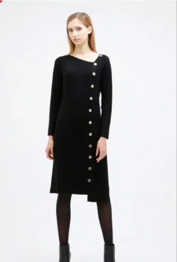 LOVELESS 니트 비대칭 원피스 블랙 골드 버튼 34