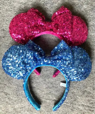 디즈니 머리띠 스팽글 짙은 파랑 블루 핑크 리본 세트