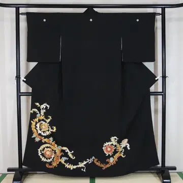 자수 럭셔리 화문양 순수 실크 블랙 전통 예복 기모노 155cm a902