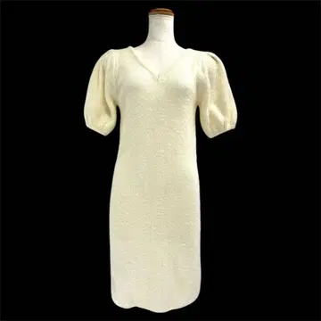 새상품급 여성용 V넥 퍼프 슬리브 니트 원피스 튜닉 F 화이트