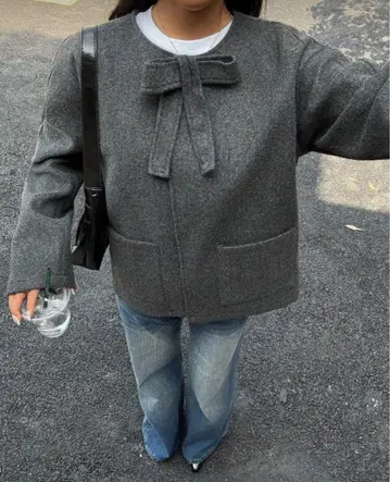 그레이 리본 숏코트 라운드넥 가을/겨울 자켓