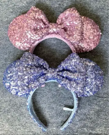 디즈니 머리띠 스팽글 연한 스카이블루 핑크 리본 미니 페어