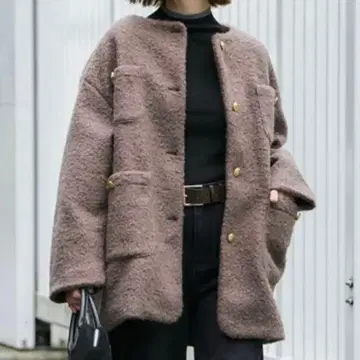 coca 푸들 금장 버튼 노카라 코트 브라운