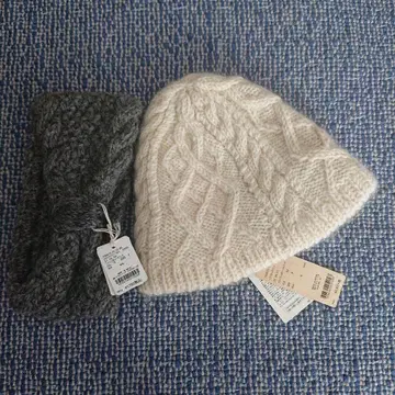 studio clip 메리노울 케이블 짜임 니트 모자와 그레이 헤어밴드