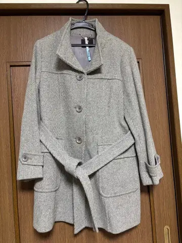 23구 사이즈 48 일본제 그레이 헤링본 무늬 코트 허리 벨트 포함