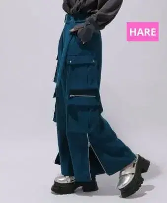 HARE 사이드 지퍼 메탈 카고 팬츠 블루