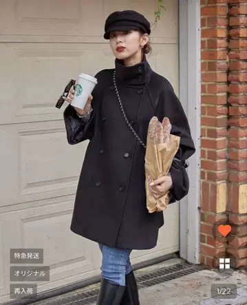 nugu 라인 슬리브 더블 미들 코트 블랙