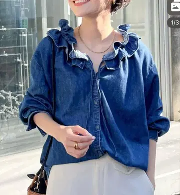 Rie Miller 프릴 개더 데님 블라우스
