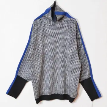 M~L 하이넥 헤링본 무늬 배색 라인 니트 여성용/블랙 x 블루