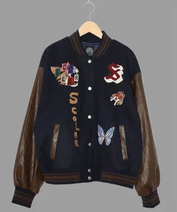 스칼라 153686: 멜톤 x 인조 가죽 이소재 절개 바시티 자켓