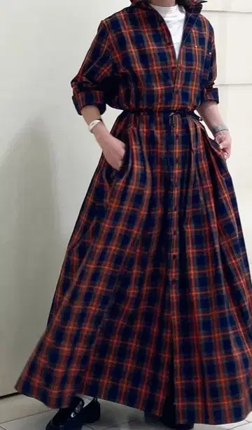 LIROMA 리 체크 무늬 롱 셔츠 원피스