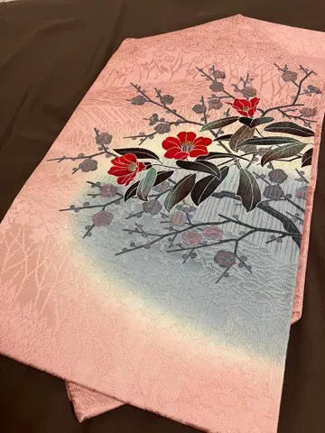 나고야 오비 빨간 동백꽃 무늬 핑크 작가 작품